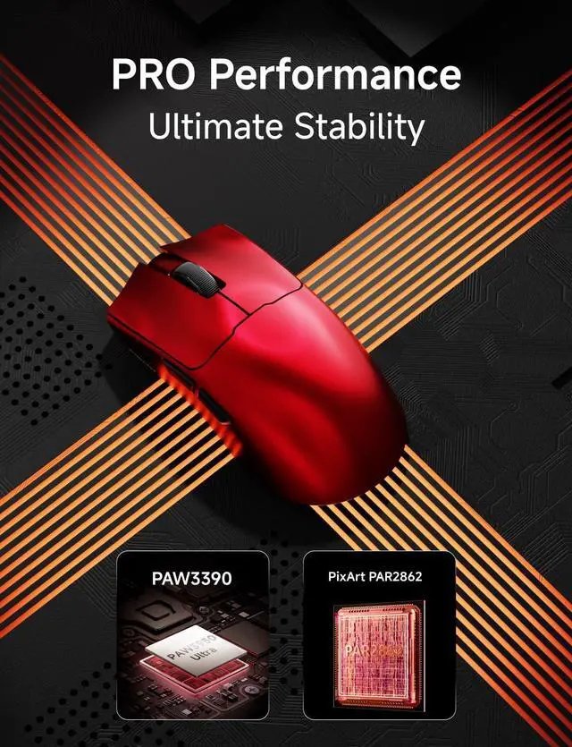 Alt view image 4 of 7 - S9 Ultra Wireless Gaming Mouse, 59G Ergonomic Computer Mouse, Triple Modes, 8K Polling, PAW3950 42K DPI Optical Sensor, Kailh Switch, 250h Battery Life, Programmable for PC/Win/Mac(Red)