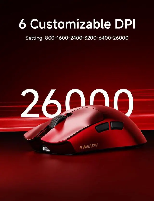 Alt view image 5 of 7 - S9 Pro Wireless Gaming Mouse, 59G Ergonomic Computer Mouse, Triple Modes, 8K Polling, 26K DPI, PAW3395 Optical Sensor, Kailh Switch, 250h Battery Life, Programmable for PC/Win/Mac(Red)