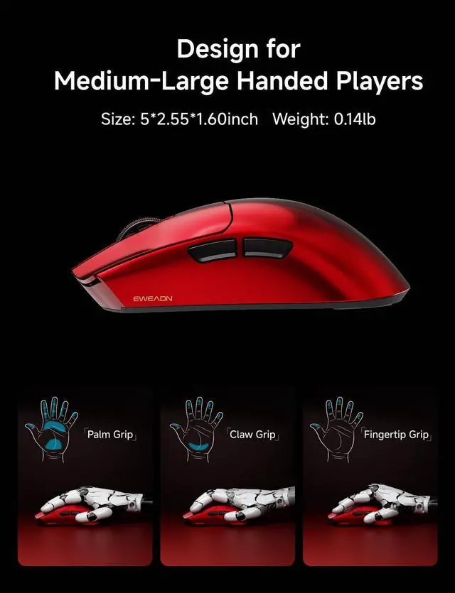 Alt view image 6 of 7 - S9 Ultra Wireless Gaming Mouse, 59G Ergonomic Computer Mouse, Triple Modes, 8K Polling, PAW3950 42K DPI Optical Sensor, Kailh Switch, 250h Battery Life, Programmable for PC/Win/Mac(Red)