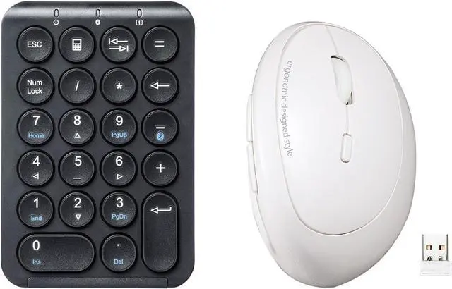 Main image of SANWA ERG17W 2.4G Wireless Ergonomic Mouse + Bluetooth Numeric Keypad, 800-1600 DPI, Vertical Mouse for Small-Medium Hands, Portable Ten Key Number Pad, Compatible with Mac, Windows, Laptop, PC
