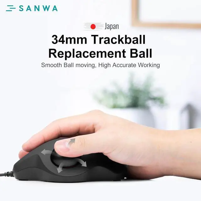 Alt view image 7 of 7 - SANWA Wired Ergonomic Trackball Mouse GMATB128BK + Black 34mm Replacement Ball Bundle Set, Silent Click Rollerball Mouse, 600/800/1200/1600 DPI, Compatible with Mac, Laptop, PC, Windows, macOS
