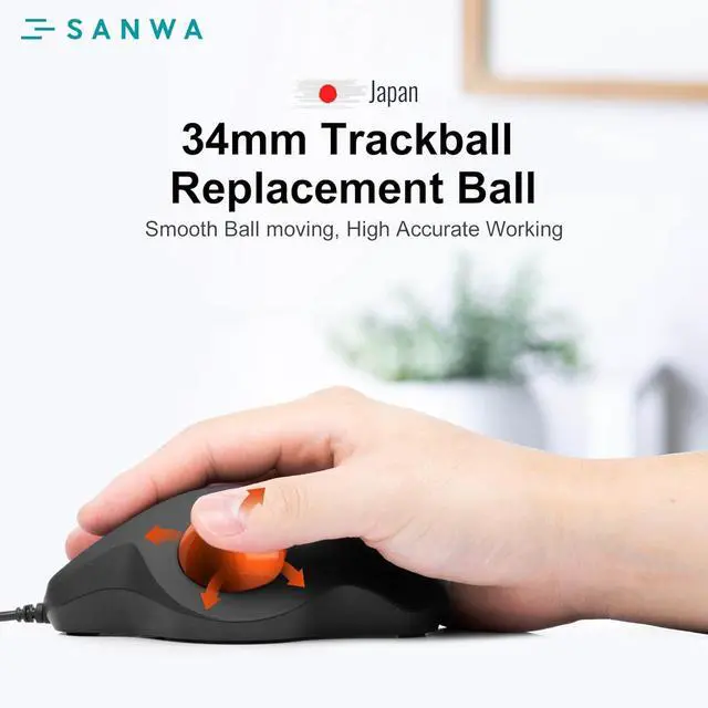 Alt view image 7 of 7 - SANWA Wired Ergonomic Trackball Mouse GMATB128BK + Orange 34mm Replacement Ball Bundle Set, Silent Click Rollerball Mouse, 600/800/1200/1600 DPI, Compatible with Mac, Laptop, PC, Windows, macOS