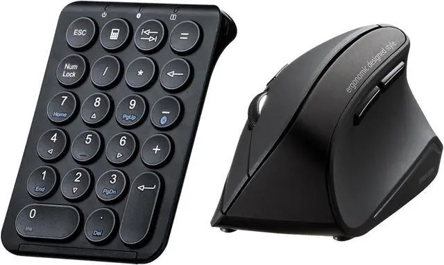 Main image of SANWA ERG11N Silent Click Bluetooth Ergo Mouse + Bluetooth Numeric Keypad Set, Programmable Vertical Mouse, Wireless Ten Key Number Pad, Compatible with Mac, Windows, Laptop, PC, Tablet, Android, iOS
