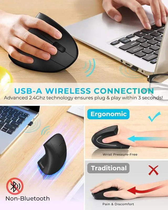 Alt view image 3 of 7 - Lekvey Ergonomic Mouse, Vertical Wireless Mouse: Rechargeable Optical Carpal Tunnel Mice with 2.4G USB Receiver, 1000/1200 / 1600 DPI, 6 Buttons, for Laptop, Computer, PC, Desktop, Notebook, Black