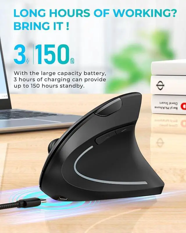 Alt view image 4 of 7 - Lekvey Ergonomic Mouse, Vertical Wireless Mouse: Rechargeable Optical Carpal Tunnel Mice with 2.4G USB Receiver, 1000/1200 / 1600 DPI, 6 Buttons, for Laptop, Computer, PC, Desktop, Notebook, Black