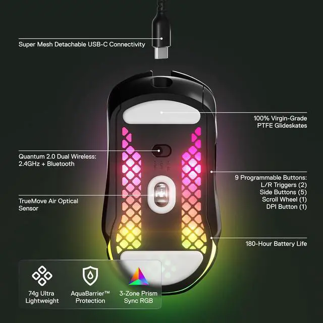 Alt view image 5 of 7 - SteelSeries Aerox 5 Wireless Gaming Mouse  Ultra Lightweight 74g  9 Buttons  Bluetooth/2.4 GHz  180 Hr Battery  IP54 Water Resistant  PC/MAC  FPS, MOBA, Battle Royale, Black