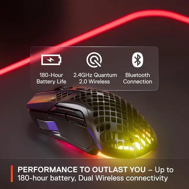 Alt view image 7 of 7 - SteelSeries Aerox 5 Wireless Gaming Mouse  Ultra Lightweight 74g  9 Buttons  Bluetooth/2.4 GHz  180 Hr Battery  IP54 Water Resistant  PC/MAC  FPS, MOBA, Battle Royale, Black