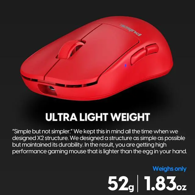 Alt view image 4 of 7 - Pulsar Gaming Gears X2H mini Wireless Gaming Mouse, Limited Color Edition, Ultra Lightweight 1.83 oz (52 g), Symmetrical, Optical Switch, 26000 DPI, PAW3395 Sensor (Mini, Wireless, Red)