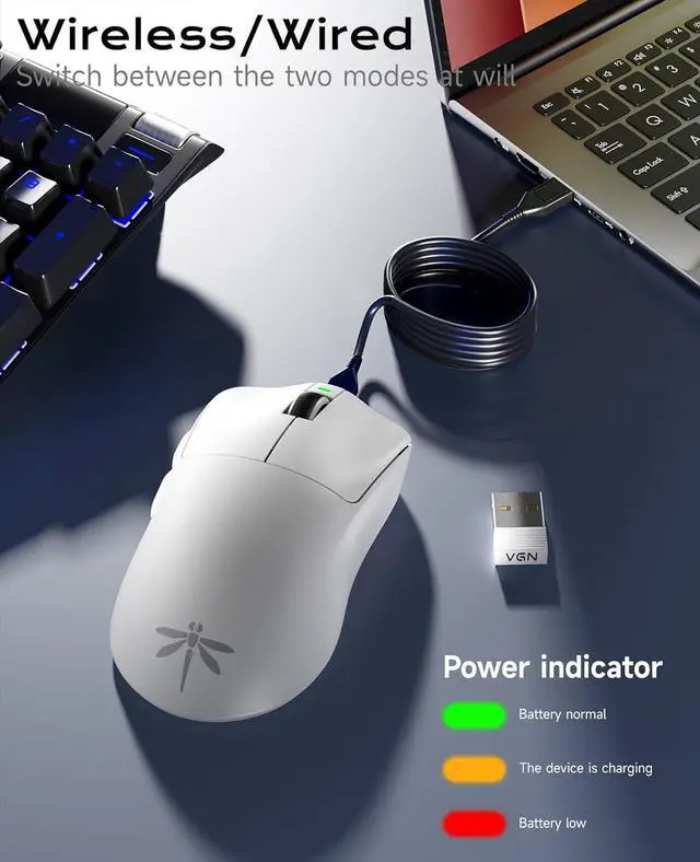 Alt view image 6 of 7 - VGN Lightspeed Wireless Gaming Mouse with Dual-Mode 2.4G/Type-C Wired - 25K Sensor - 26,000 DPI - 55g Lightweight - 6 Programmable Buttons - Up to 200h Battery Life for PC/Mac- F1 Pro Max White