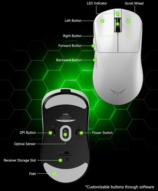 Alt view image 6 of 7 - VGN F1 MOBA Wireless Gaming Mouse - Ultralight 55g - Wireless & Wired Mode - 26000 Adjustable DPI - 1000Hz Polling Rate - 200 Hours Battery - Programmable Buttons - Esports Professional Grade - USB-C