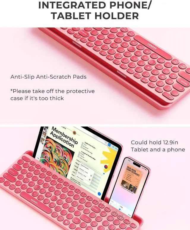 Alt view image 3 of 7 - seenda Bluetooth Keyboard and Mouse for iPad, CTU-301 Multi-Device Bluetooth + 2.4G Wireless Keyboard Mouse with Tablet Holder for MacBook/Windows Computer, iOS/Andriod Tablet Phone, Coral Pink