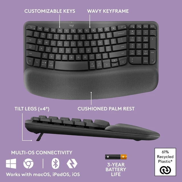 Alt view image 6 of 7 - Wave Keys MK670 Wireless Ergonomic Keyboard Mouse Combo - Graphite