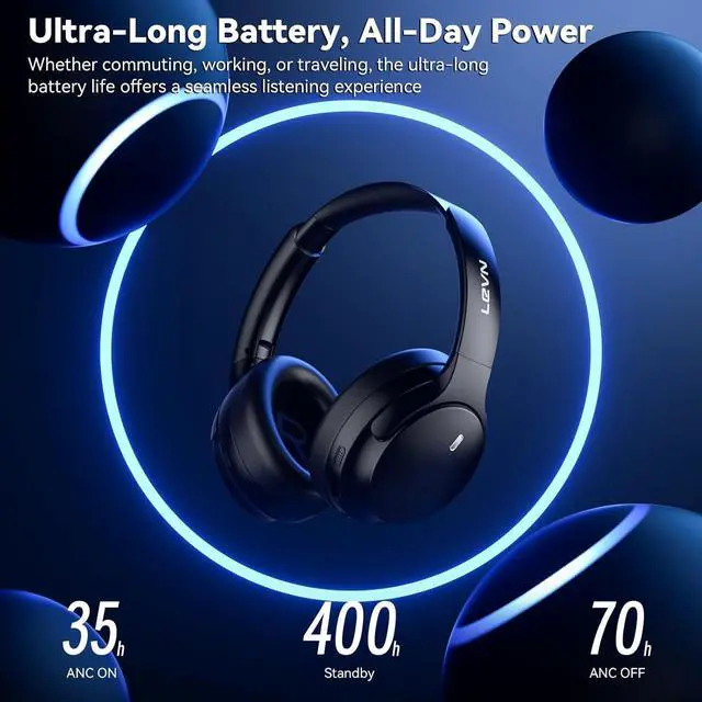 Alt view image 6 of 7 - LEVN Hybrid Active Noise Cancelling Headphones, Wireless Headphones Bluetooth 5.4 with Transparent Mode, Hi-Res Audio, Deep Bass, 70H Playtime Over Ear Bluetooth Headset for Work/Travel/Home/Office