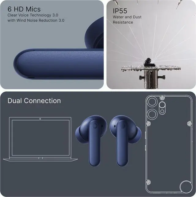Alt view image 5 of 6 - CMF Buds 2 Plus 2025 New Wireless Earbuds Adaptive Noise Cancelling, Hi-Res Audio Bluetooth Headphones, 12mm Drivers for Deep Bass, 50dB ANC 61.5H Playtime, Sport Ear Buds with 6 Mics, Blue
