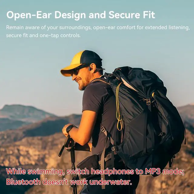 Alt view image 6 of 7 - Swimming Headphones IP68 Waterproof, Open Ear Bone Conduction Headphones Bluetooth 5.4 with 32GB MP3 Player, Secure Comfort Underwater Swim Earbuds for Jogging Cycling Fitness-SurfAudio(Black)