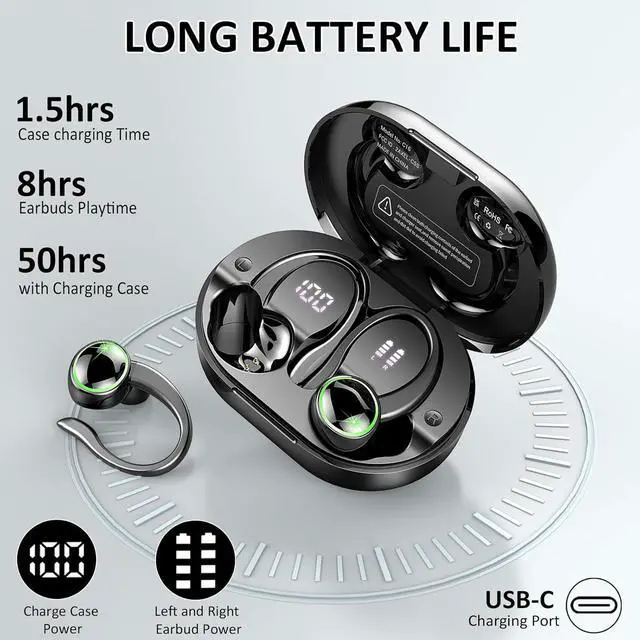 Alt view image 3 of 7 - Wireless Earbuds, 2025 Bluetooth 5.4 Headphones Sports, 50H Playback Over-Ear buds with ENC Noise Cancelling Mic, Deep Bass Fitness Earphones with Earhooks, IP7 Waterproof Headset for Gym Workout