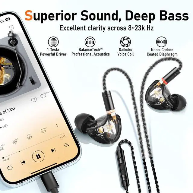 Alt view image 3 of 7 - Vibes 202MC USB-C Wired Earbuds - HiFi in Ear Monitor Headphones - Noise Isolating Ear Buds w/ Mic - Clear Sound, Deep Bass & Comfort-Fit Earphones - MMCX to USBC, Silver Plated Cord, Carrying Case
