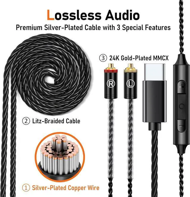 Alt view image 4 of 7 - Vibes 202MC USB-C Wired Earbuds - HiFi in Ear Monitor Headphones - Noise Isolating Ear Buds w/ Mic - Clear Sound, Deep Bass & Comfort-Fit Earphones - MMCX to USBC, Silver Plated Cord, Carrying Case