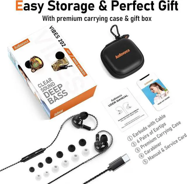 Alt view image 6 of 7 - Vibes 202MC USB-C Wired Earbuds - HiFi in Ear Monitor Headphones - Noise Isolating Ear Buds w/ Mic - Clear Sound, Deep Bass & Comfort-Fit Earphones - MMCX to USBC, Silver Plated Cord, Carrying Case