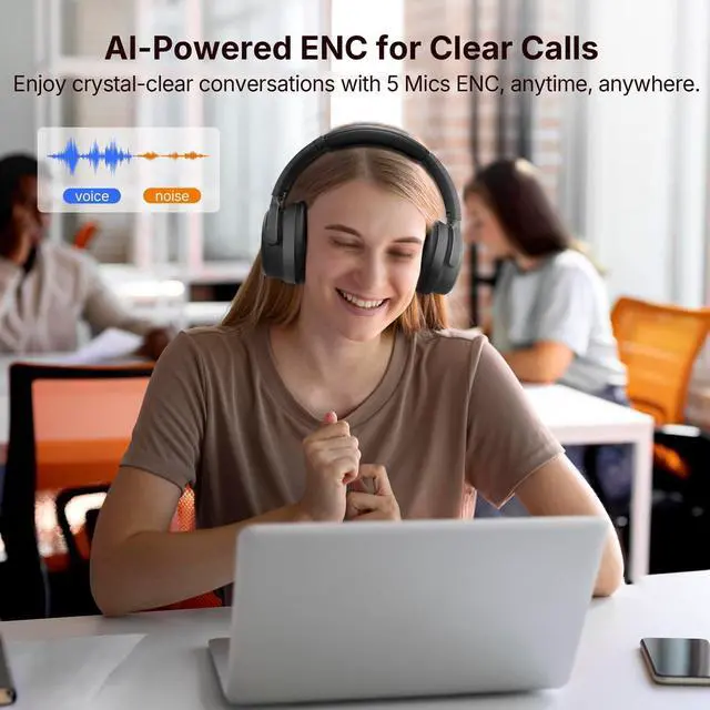 Alt view image 5 of 7 - EarFun Tune Pro Active Noise Canceling Headphones, Wireless Bluetooth Headphones with 5 Mics, 120H Playtime, Bluetooth 5.4, Hi-Res Audio, Multipoint Connection, Custom EQ via App, Comfortable Fit