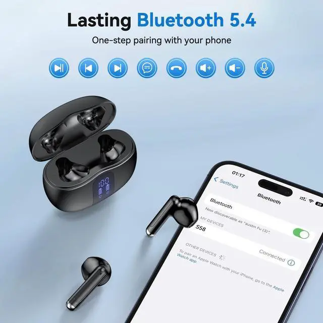 Alt view image 4 of 7 - Wireless Earbuds, Bluetooth 5.4 Ear Buds with Power Display Charging Case, Stereo Deep Bass Headphones with 50H Playtime, IPX7 Waterproof, for Laptop, Android/iOS, Pad, Black