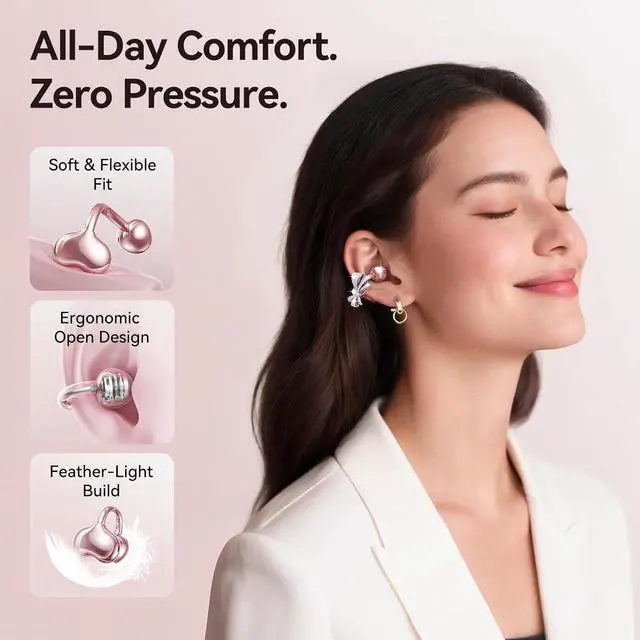 Alt view image 3 of 7 - Kinglucky Jewelry-Inspired Clip-On Earbuds with Bow Earrings, Comfortable Fit & 50H Playtime Open Ear Bluetooth 5.4 Wireless Headphones for Women, Small Ears, Sports & Workouts (Pink)