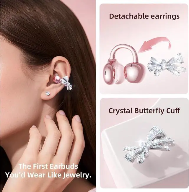 Alt view image 2 of 7 - Kinglucky Jewelry-Inspired Clip-On Earbuds with Bow Earrings, Comfortable Fit & 50H Playtime Open Ear Bluetooth 5.4 Wireless Headphones for Women, Small Ears, Sports & Workouts (Pink)