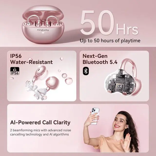 Alt view image 6 of 7 - Kinglucky Jewelry-Inspired Clip-On Earbuds with Bow Earrings, Comfortable Fit & 50H Playtime Open Ear Bluetooth 5.4 Wireless Headphones for Women, Small Ears, Sports & Workouts (Pink)