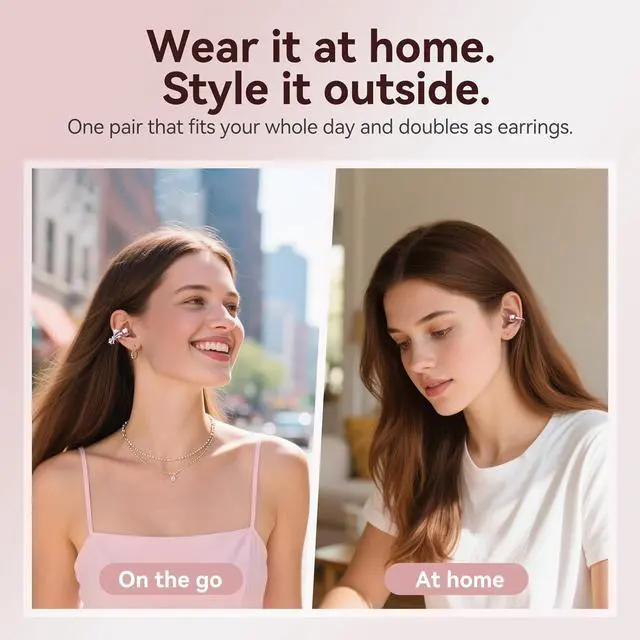 Alt view image 5 of 7 - Kinglucky Jewelry-Inspired Clip-On Earbuds with Bow Earrings, Comfortable Fit & 50H Playtime Open Ear Bluetooth 5.4 Wireless Headphones for Women, Small Ears, Sports & Workouts (Pink)