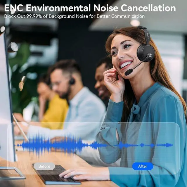 Alt view image 2 of 7 - LEVN Bluetooth Headset, Bluetooth Headphones with Microphone (AI Cancelling), 60 Hrs Working Time Dual Connection Wireless Headset with Mic & Mute Button for Work/Phone/Call Center/PC