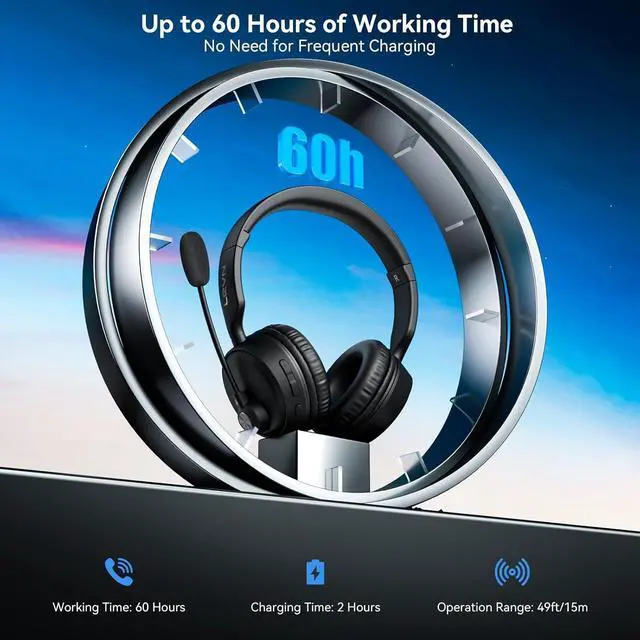Alt view image 3 of 7 - LEVN Bluetooth Headset, Bluetooth Headphones with Microphone (AI Cancelling), 60 Hrs Working Time Dual Connection Wireless Headset with Mic & Mute Button for Work/Phone/Call Center/PC