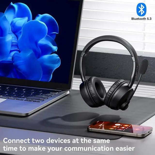 Alt view image 4 of 7 - LEVN Bluetooth Headset, Bluetooth Headphones with Microphone (AI Cancelling), 60 Hrs Working Time Dual Connection Wireless Headset with Mic & Mute Button for Work/Phone/Call Center/PC