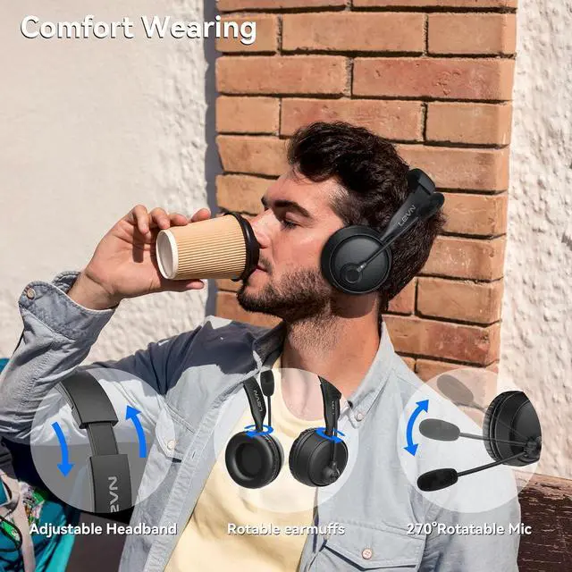 Alt view image 5 of 7 - LEVN Bluetooth Headset, Bluetooth Headphones with Microphone (AI Cancelling), 60 Hrs Working Time Dual Connection Wireless Headset with Mic & Mute Button for Work/Phone/Call Center/PC