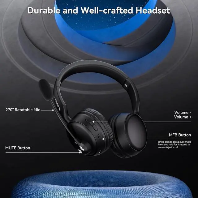 Alt view image 6 of 7 - LEVN Bluetooth Headset, Bluetooth Headphones with Microphone (AI Cancelling), 60 Hrs Working Time Dual Connection Wireless Headset with Mic & Mute Button for Work/Phone/Call Center/PC