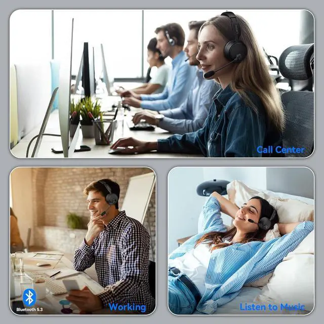 Alt view image 7 of 7 - LEVN Bluetooth Headset, Bluetooth Headphones with Microphone (AI Cancelling), 60 Hrs Working Time Dual Connection Wireless Headset with Mic & Mute Button for Work/Phone/Call Center/PC