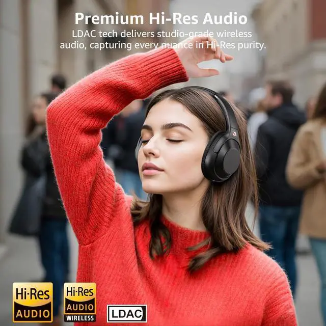 Alt view image 2 of 7 - Riibox Y7Pro Hybrid Active Noise Cancelling Headphones, LDAC Hi-Res Audio, 75H Playtime, Deep Bass, Comfort Fit & Foldable Wireless Over-Ear Bluetooth Headphones for Home Office Travel  Black