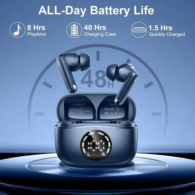 Alt view image 4 of 6 - Wireless Earbuds, 2025 Bluetooth 5.4 Headphones NEW Ear Buds 40H Bass Stereo in-Ear Earphones ENC Noise Cancelling Earbuds with 4 HD Mic, USB-C LED Display IP7 Waterproof Sport Headset for Android iOS