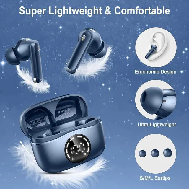 Alt view image 5 of 6 - Wireless Earbuds, 2025 Bluetooth 5.4 Headphones NEW Ear Buds 40H Bass Stereo in-Ear Earphones ENC Noise Cancelling Earbuds with 4 HD Mic, USB-C LED Display IP7 Waterproof Sport Headset for Android iOS