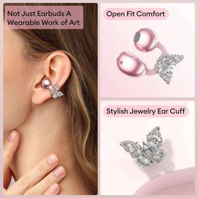 Alt view image 2 of 7 - Stylish Open Ear Clip On Earbuds with Removable Butterfly Earring, Clip On Headphones with LCD Touch Screen, Fashionables Open Ear Headphones for Women, Pink Butterfly Earring Earbuds