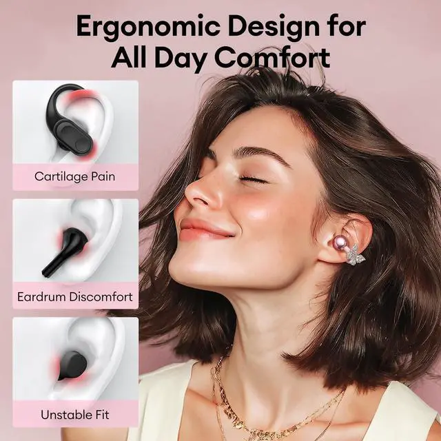 Alt view image 4 of 7 - Stylish Open Ear Clip On Earbuds with Removable Butterfly Earring, Clip On Headphones with LCD Touch Screen, Fashionables Open Ear Headphones for Women, Pink Butterfly Earring Earbuds