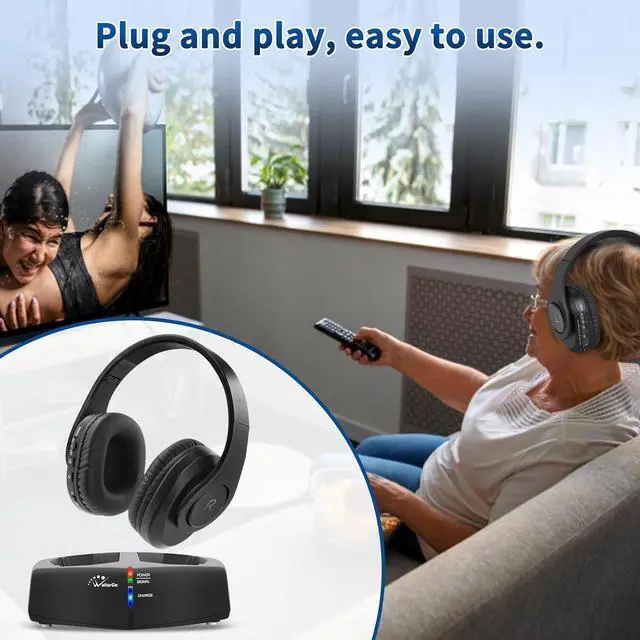 Alt view image 4 of 7 - WallarGe Wireless Headphones for TV Watching, Easy Setup and Comfortable Bluetooth Headphones with RF Transmitter Charging Dock, 100 Ft Wireless Range, Rechargeable 25 Hours Play and No Audio Delay