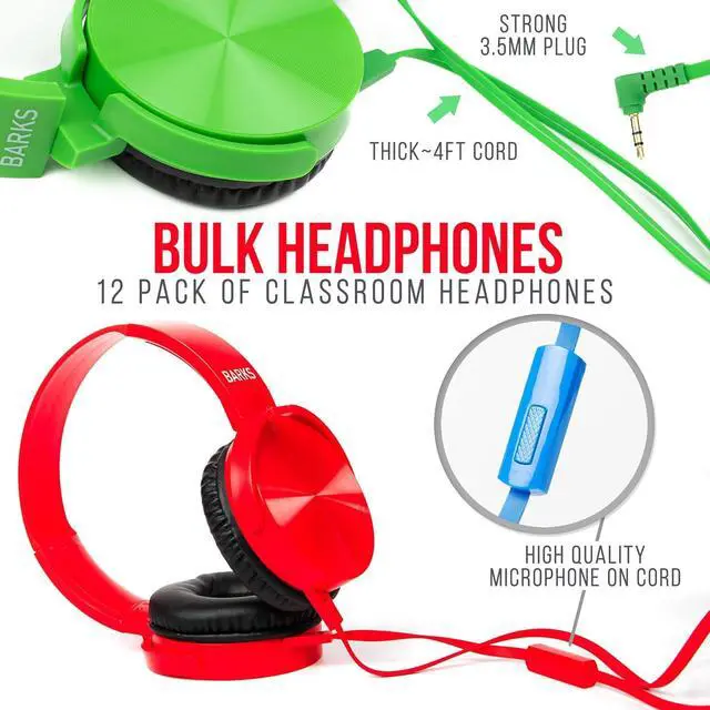 Alt view image 2 of 6 - Barks Classroom Headphones with Microphone (12 Pack, Mixed Colors) - Upgraded On-Ear Bulk Headphones for Classroom: Best for Students K-12 Schools (Inline Microphone, Good Recording Quality, Durable)