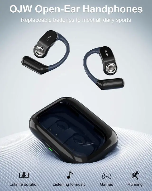 Alt view image 7 of 7 - OJW Open Ear Headphones, Unlimited Power Earphones with Case & Replaceable Battery, OWS Bluetooth 5.4 Wireless Headphone with Mic, IPX7 Waterproof Headset for Sports, Compatible with iPhone & Android