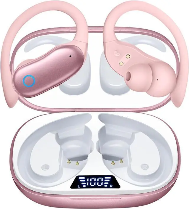 Main image of GNMN Ear Buds Wireless Earbuds 96hrs Playback Bluetooth Headphones IPX7 Waterproof Stereo Bass Over-Ear Earphones with Earhooks Microphone LED Battery Display for Sports/Workout/Gym/Running Rose Pink