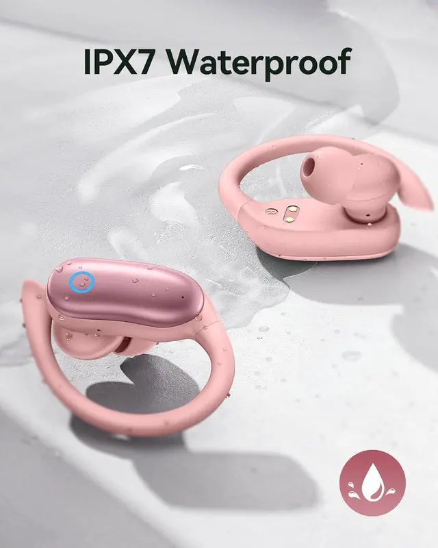Alt view image 4 of 7 - GNMN Ear Buds Wireless Earbuds 96hrs Playback Bluetooth Headphones IPX7 Waterproof Stereo Bass Over-Ear Earphones with Earhooks Microphone LED Battery Display for Sports/Workout/Gym/Running Rose Pink