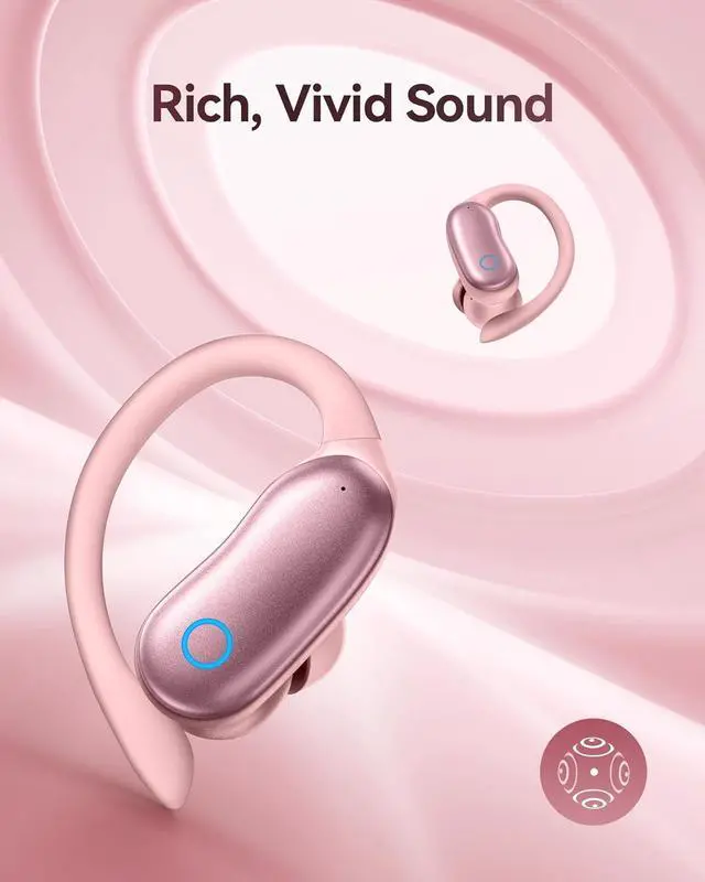 Alt view image 5 of 7 - GNMN Ear Buds Wireless Earbuds 96hrs Playback Bluetooth Headphones IPX7 Waterproof Stereo Bass Over-Ear Earphones with Earhooks Microphone LED Battery Display for Sports/Workout/Gym/Running Rose Pink