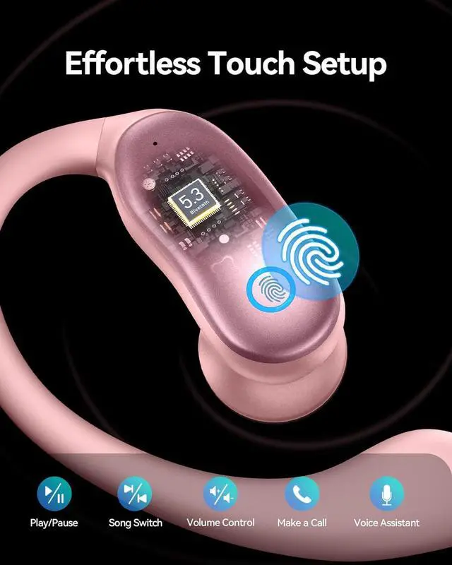Alt view image 6 of 7 - GNMN Ear Buds Wireless Earbuds 96hrs Playback Bluetooth Headphones IPX7 Waterproof Stereo Bass Over-Ear Earphones with Earhooks Microphone LED Battery Display for Sports/Workout/Gym/Running Rose Pink