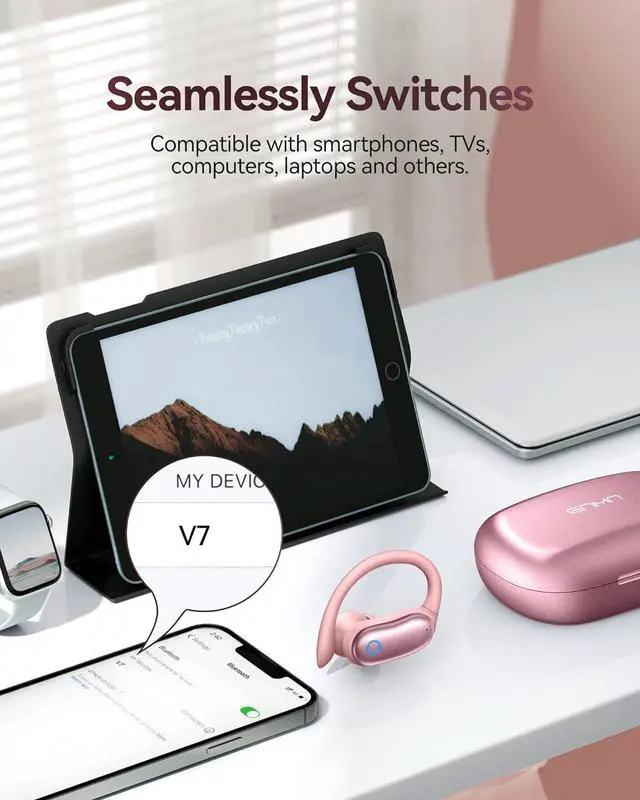 Alt view image 7 of 7 - GNMN Ear Buds Wireless Earbuds 96hrs Playback Bluetooth Headphones IPX7 Waterproof Stereo Bass Over-Ear Earphones with Earhooks Microphone LED Battery Display for Sports/Workout/Gym/Running Rose Pink