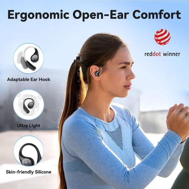 Alt view image 2 of 7 - EarFun OpenJump Open Ear Headphones, Wireless Earbuds with Ergonomic Earhook, Hi-Res Sound, LDAC, 4 Mics ENC Call, 42H Playtime, Multipoint Connection, IPX7 Waterproof, Snug Fit for Workout, Running