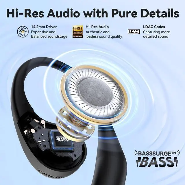 Alt view image 3 of 7 - EarFun OpenJump Open Ear Headphones, Wireless Earbuds with Ergonomic Earhook, Hi-Res Sound, LDAC, 4 Mics ENC Call, 42H Playtime, Multipoint Connection, IPX7 Waterproof, Snug Fit for Workout, Running